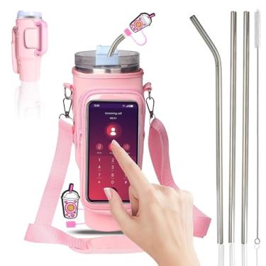 Imagem de HIDAMAZY Bolsa de transporte para garrafa de água com bolso para tela sensível ao toque para Stanley Copo de 1,134 g com alça de ombro ajustável, bolsa com suporte de garrafa de água para chaves de