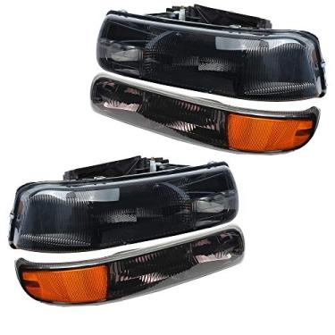 Imagem de A&P Para Chevy 00-06 Tahoe Suburban 1500 2500/99-02 Silverado 1500 2500/01-02 Silverado 1500HD 2500HD 3500 Conjunto de par de faróis preto com lente fumê