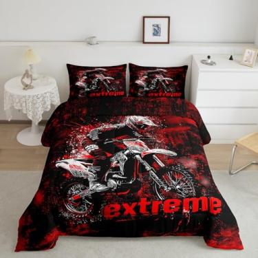 Imagem de jejeloiu Jogo de cama solteiro Dirt Bike para esportes radicais para meninos, meninas, adolescentes e adultos, edredom de corrida de motocross, respirável, macio, leve, decoração de quarto, 2 peças