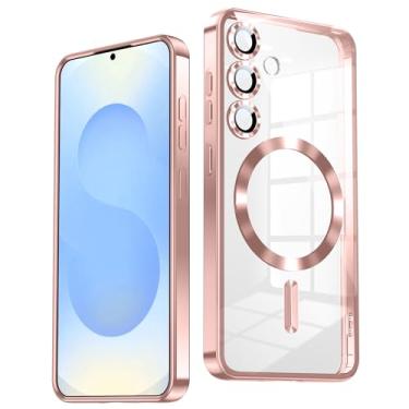 Imagem de TOBOVON Capa fina para Samsung Galaxy S25 Plus, compatível com MagSafe, protetor de lente de câmera integrado, capa protetora à prova de choque, capa transparente galvanizada macia, ouro rosa