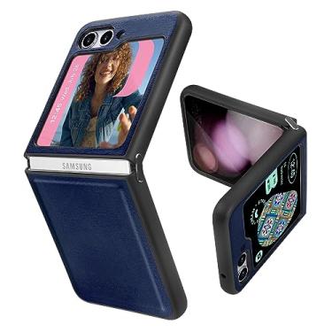 Imagem de Belemay Capa Para Samsung Galaxy Z Flip 5 - Couro Legítimo + Amortecedor De Tpu Macio Proteção Slim Fit Fina À Prova Choque Celular Compatível Com (5G 2023) Azul Marinho