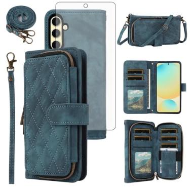 Imagem de Capa de celular para Samsung Galaxy S24 FE 5G carteira celular com protetor de tela de vidro temperado alça transversal alça flip suporte zíper bolsa porta-cartões slot dinheiro S 24 EF AI S24FE 24S