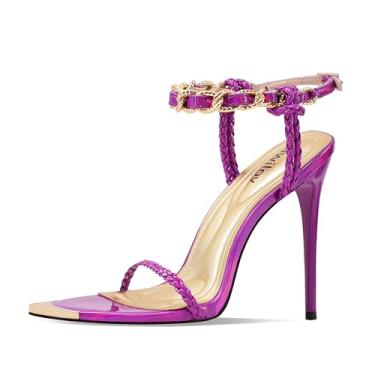 Imagem de Sapato feminino preto com corrente dourada, tira no tornozelo, bico fino, salto alto stiletto para eventos formais, casamentos, festas e uso noturno, Roxa, 39