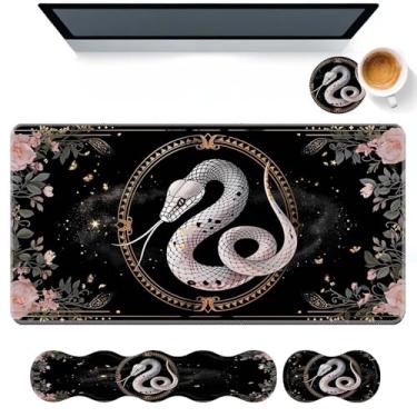 Imagem de DHEEBFWE Conjunto de mouse pad com teclado, mesa grande + descanso de pulso para teclado + suporte de pulso + porta-copos para digitação fácil, alívio da dor, antiderrapante, suporte de pulso