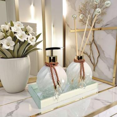 Imagem de Kit Lavabo Espiral Branco Decoração Dourado Com Bandeja Completo De Vi