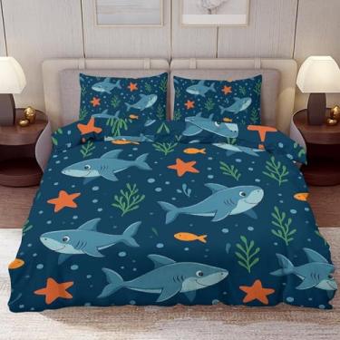 Imagem de Delerain Conjunto de capa de edredom tamanho solteiro, conjunto de cama de 3 peças de tubarão para meninos, meninas, adolescentes, moderno, microfibra macia, decoração de quarto, 1 capa de edredom + 2