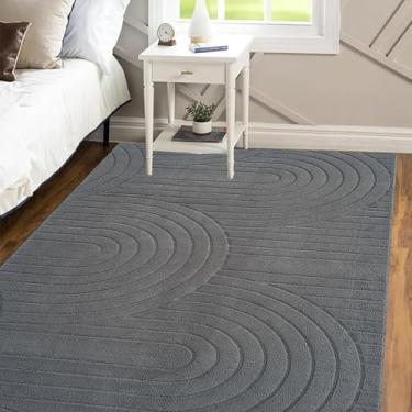 Imagem de Lacomfy Tapete geométrico curvo moderno abstrato alto-baixo tapete de sala de estar cinza fofo minimalista - antiderrapante, lavável, tapete macio para quarto (listrado, cinza, 10 x 13 cm)