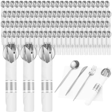 Imagem de Conjunto de talheres de plástico prata pré-enrolados, conjunto de talheres descartáveis embrulhados com 100 guardanapos, 100 facas, 100 garfos e 100 colheres para festa, aniversário
