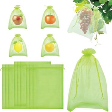 Imagem de RIFNY Sacos de proteção de frutas, 100 peças de 10 x 15 cm, bolsa de rede de frutas de malha verde para árvores frutíferas, sacos de rede de cobertura de frutas com cordão para uva, maçã, manga
