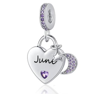 Imagem de QeenseKc Pingente de lua e estrela com pingente de coração de pedra do mês de nascimento de junho compatível com pulseira Pandora feminina
