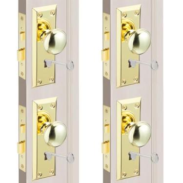 Imagem de MaxxGeek Conjunto De Fechadura Embutir Com Chave E Maçanetas Clássicas, Maçaneta Antiga, Vintage, Serve Para Portas Internas 1-3/8" A 1-3/4", Latão Dourado/Polido, Pacote 4