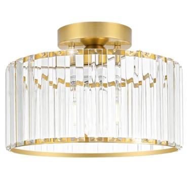 Imagem de Luminária de teto de cristal, luminária de teto de montagem semi-embutida moderna, lustre dourado para cozinha, perto do teto luminárias para quarto de entrada, 1 luz, 28 cm