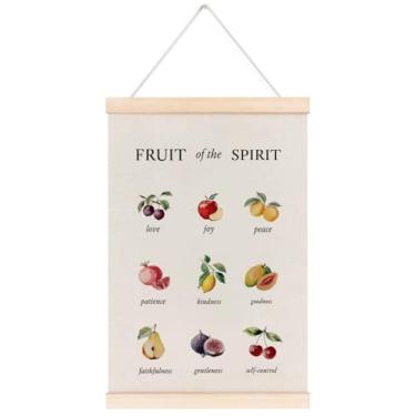 Imagem de laveliabel Moldura para pôster cristão Fruit of the Spirit, versículo da Bíblia, pôster inspirador com cabide de madeira, decoração de arte de parede de frutas religiosas para sala de aula, 30,5 x