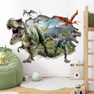 Imagem de SHUCHING Decalques de parede de dinossauro 3D grandes que descascam e colem, adesivo de parede de dinossauro com orifício de rachadura de vinil, arte de decoração de parede de animais tropicais para