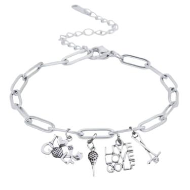 Imagem de Sportybella Pulseira de aço inoxidável prata com pingente de golfe – corrente ajustável com pingentes I Love Golf, camiseta de golfe, Live Love Golf & Clubs – presente para jogadores de golfe e