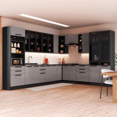 Imagem de Cozinha Modulada Completa Fidelitá Mônaco 14 Peças Com Rodapé 659cm 23 Portas 6 Gavetas Sem Tampo Chumbo/titânio