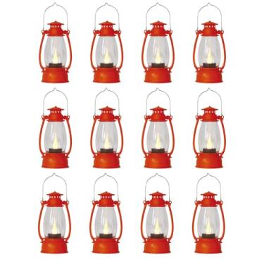Imagem de Reperla 12 peças de mini lanternas laranja decorativas para dia das bruxas, dia de Ação de Graças, peça central de outono para mesa, pequena lanterna ocidental com vela de LED cintilante para