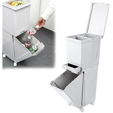 Imagem de Lata De Lixo De Classificação De Dupla Camada De Cozinha Lata De Lixo Tipo Push De Grande Capacidade Com Polias Com Tampa Lata De Lixo De Separação Seca E úmida Para Qua, White