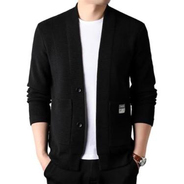 Imagem de Jaqueta De Malha Masculina De Cor Sólida Com Decote Em V Jaqueta Casual Botão Placket Com Bolsos Cardigã Masculino Primavera Outono Transição Homens Manga Comprida, B-black1, 3XL