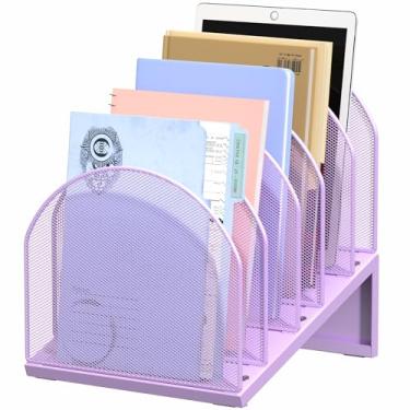 Imagem de OUTIOE Organizador de arquivos de mesa de 5 seções, organizador de pastas de malha de metal para documentos, papéis de correio e escritório (roxo)