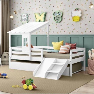 Imagem de Bicama Solteiro Infantil Prime com Telhado II e Kit Escadinha Casatema Branco