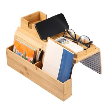 Imagem de SAEHAEYEE Suporte de copo de sofá de bambu com bolso de armazenamento lateral, bandeja versátil para braço de sofá, bandeja prática de apoio de braço, mesa antiderrapante, para sofá, braço, bandeja de