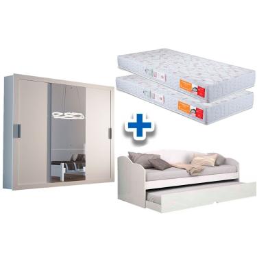 Imagem de Cama Sofá Funny II c/ Auxiliar + 2 Colchões Orthocrin + Guarda Roupa Veneza Branco