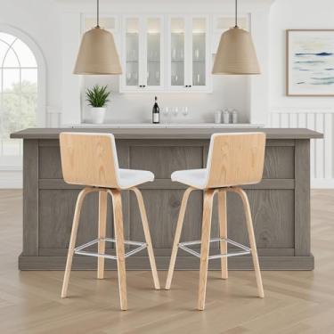 Imagem de Banqueta giratória moderna Vienna com assento de couro sintético branco e moldura de madeira de carvalho estampada, conjunto de 2