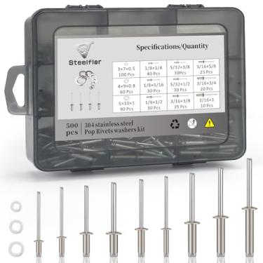 Imagem de Kit de rebites pop de aço inoxidável 304 500 peças, 9 tamanhos SAE, rebites cegos sortidos de 3/40.6 cm com arruelas e estojo para metal/casa/automotivo