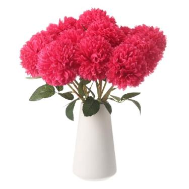 Imagem de HARFINGTON 12 peças de flores artificiais de crisântemo, flores artificiais de crisântemo, buquê de flores falsas de seda para decoração de festa de casamento, jardim e casa, vermelho rosa