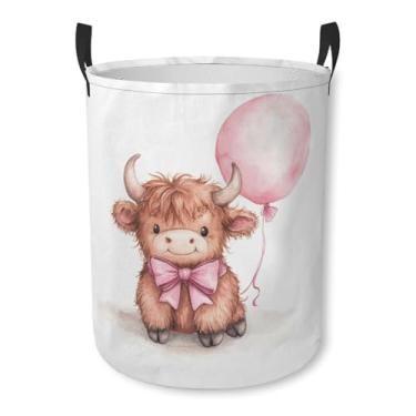 Imagem de Lindo cesto de roupa suja de vaca Highland balão rosa cesto de roupa suja dobrável com alças cesto de armazenamento de roupas para casa, quarto, banheiro, dormitórios universitários