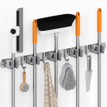 Imagem de Suporte de parede com 5 garras, suporte de parede com 4 ganchos, esfregão e organizador de vassouras de aço inoxidável, autoadesivo ou fixação de parafuso para rack de ferramentas de jardim, armário
