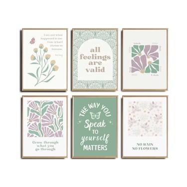 Imagem de 6 peças de arte de parede em tela de saúde mental psicologia terapia citações motivacionais verde e roxo abstrato boho pintura floral imagens decoração de parede pôster impressão arte para quarto