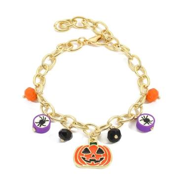Imagem de NKTDWO Pulseira de Halloween assustadora divertida para mulheres - Bracelete de pingente laranja preto de abóbora fantasma com pingentes de caveira,, Adjustable, Zinco, Sem Pedra Preciosa