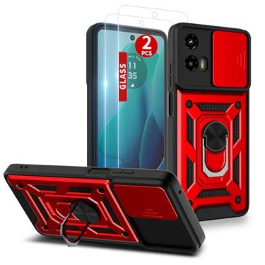 Imagem de Capa para Moto G-5g-2024: com protetor de tela de 2 peças, capa de câmera deslizante e suporte para capa de celular Moto G 2024, vermelha