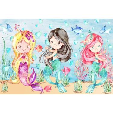 Imagem de Painel de Lona Sereias Aquarela Fundo do Mar Trio - Fabrika de Festa, 