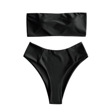 Imagem de Conjunto de biquíni ZAFUL feminino de corte alto sem alças preto