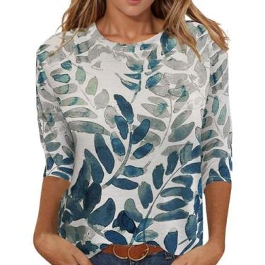 Imagem de Blusa feminina HughFance, manga 3/4, algodão, estampa floral de outono