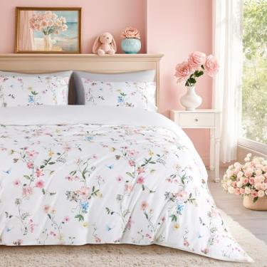 Imagem de Shilucheng Capa de edredom floral 100% algodão king size - 600 fios, capa de edredom respirável e refrescante com fecho de zíper, capas de edredom para cama de hotel 3 peças (jacarandá e rosa)
