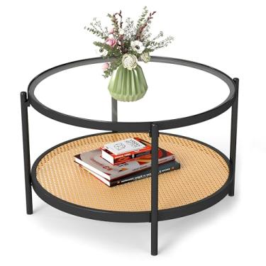 Imagem de DDK Mesa de centro redonda de vime de 68,5 cm, mesa Boho de 2 andares com tampo de vidro e moldura de madeira de acácia