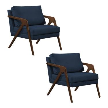 Imagem de Kit 2 Poltronas Mona Monique Luxo Base Madeira Maciça Natural Veludo Azul  