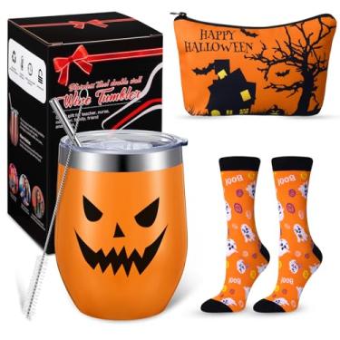 Imagem de Conjunto de presente de abóbora de Halloween para mulheres, copo de Halloween com tampa e palha, bolsa de maquiagem de Halloween e meias de Halloween Ghost Crew Socks unissex presente para festa de Halloween, amigas, irmã, mãe