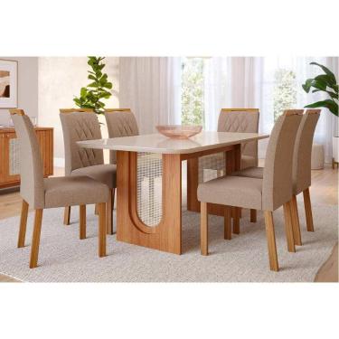 Imagem de Conjunto: Mesa de Cozinha Valentina Tampo Madeirado c/ Vidro 180x90cm e 6 Cadeiras Juliana Cinamomo/Off White - Nature-Madeirado/Linho Be - Cimol