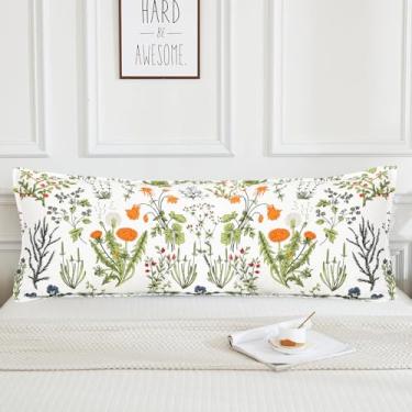 Imagem de Ladyann Capas de travesseiro de corpo acolchoadas de 50 x 137 cm, estampa de folhas e flores amarelas 100% algodão com zíper, fronha macia e aconchegante para cama, sofá, sala de estar e decoração de