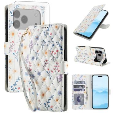 Imagem de Asuwish Capa de celular para iPhone 17 Pro Max carteira celular com protetor de tela de vidro temperado porta-cartão de flor com suporte para celular i Phone17 17Pro i17 ProMax 17ProMax mulheres
