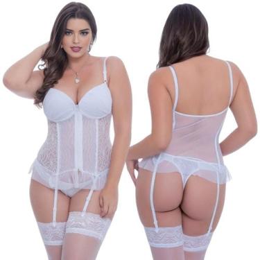Imagem de Espartilho Plus Size Branco Bordado Em Tule e Renda Com Bojo Zíper Dia