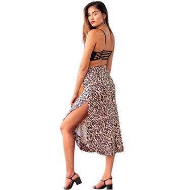Imagem de Saia Mid Viscose Longa Estampada Onça Fenda Lateral Hot Pant - MEIMI A