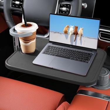 Imagem de Arcoche Bandeja de mesa de carro e mesa de laptop para carro, mesa de suporte de copo de madeira giratória de 360°, suporte de laptop em cantilever de alumínio para veículos, bandeja de volante (preto