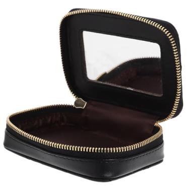 Imagem de LALAFINA Mini bolsa de maquiagem com espelho, caixa organizadora de batom de viagem, bolsa de armazenamento de couro para mulheres, acessórios de beleza