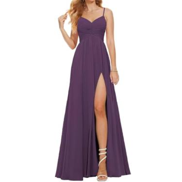 Imagem de Alças De Espaguete Femininas Vestidos De Dama De Honra Para Casamento Chiffon Longo Vestido Formal Com Fenda Vestido De Noite Com Decote Em V, Plum, 10